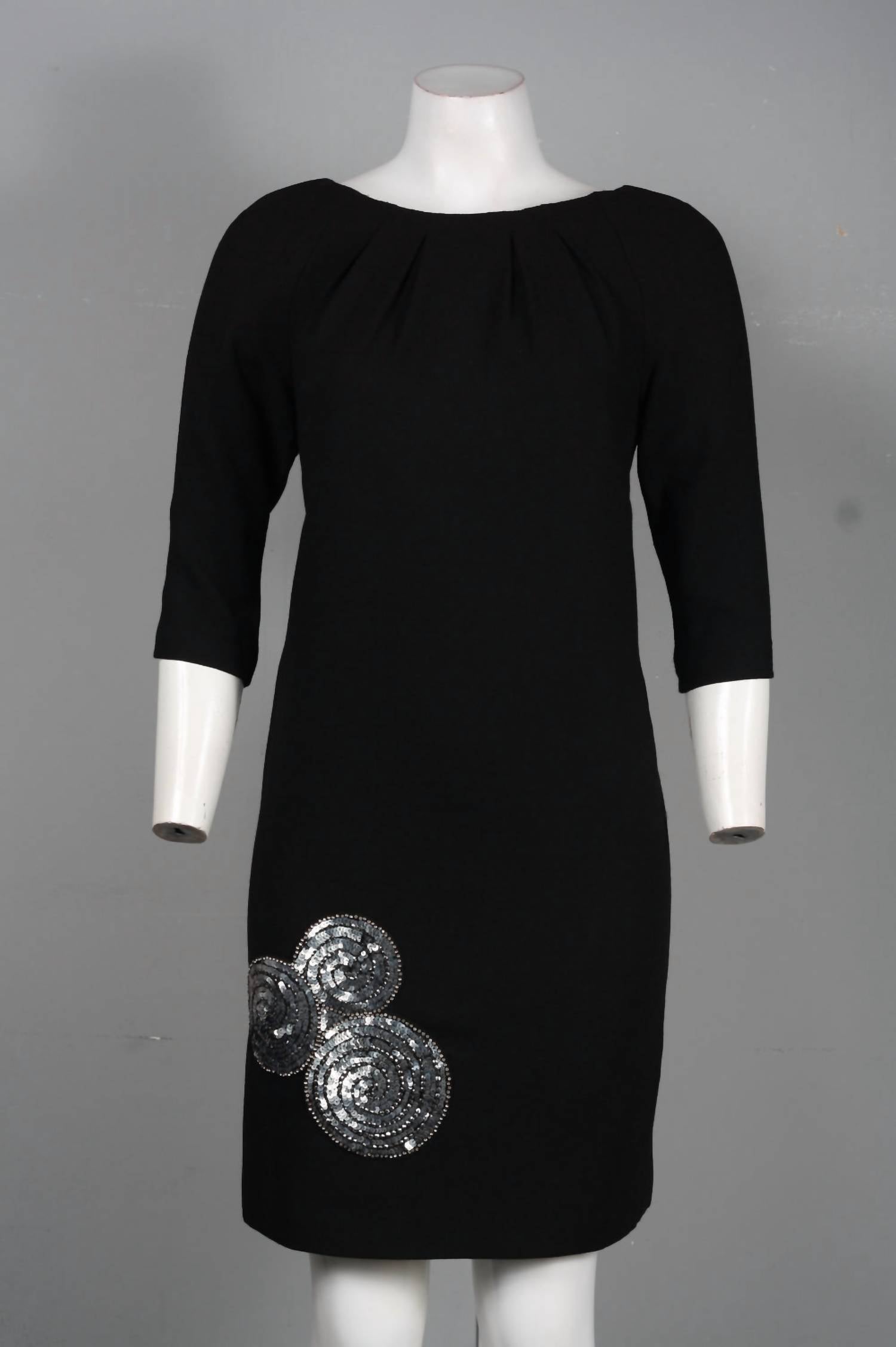 Theia - Elbow Sleeve Embellished Bottom Detail Wool Blend Dress