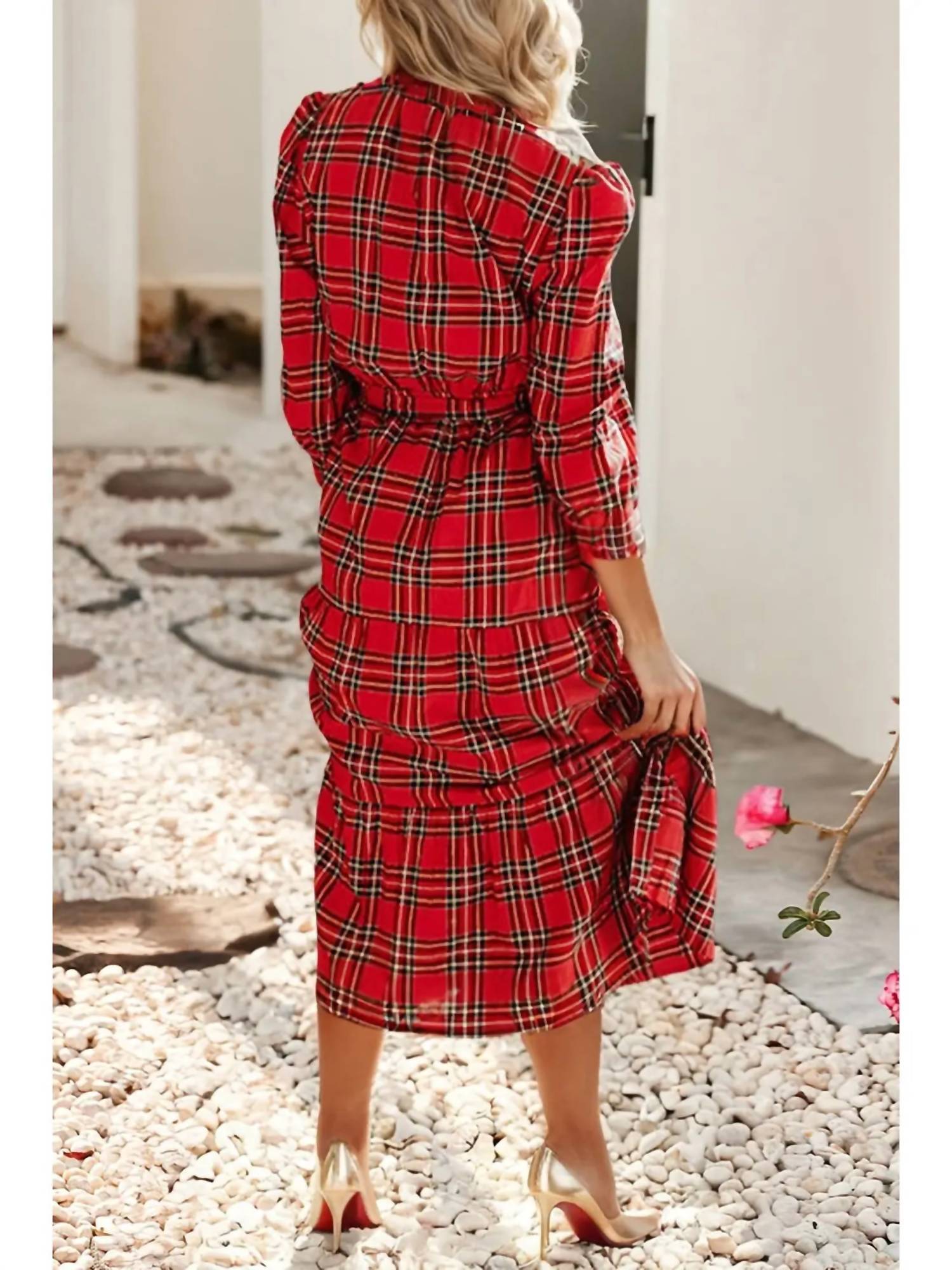 Little Daisy Closet - Plaid Tie Waist Ruffle Hem Midi Dress