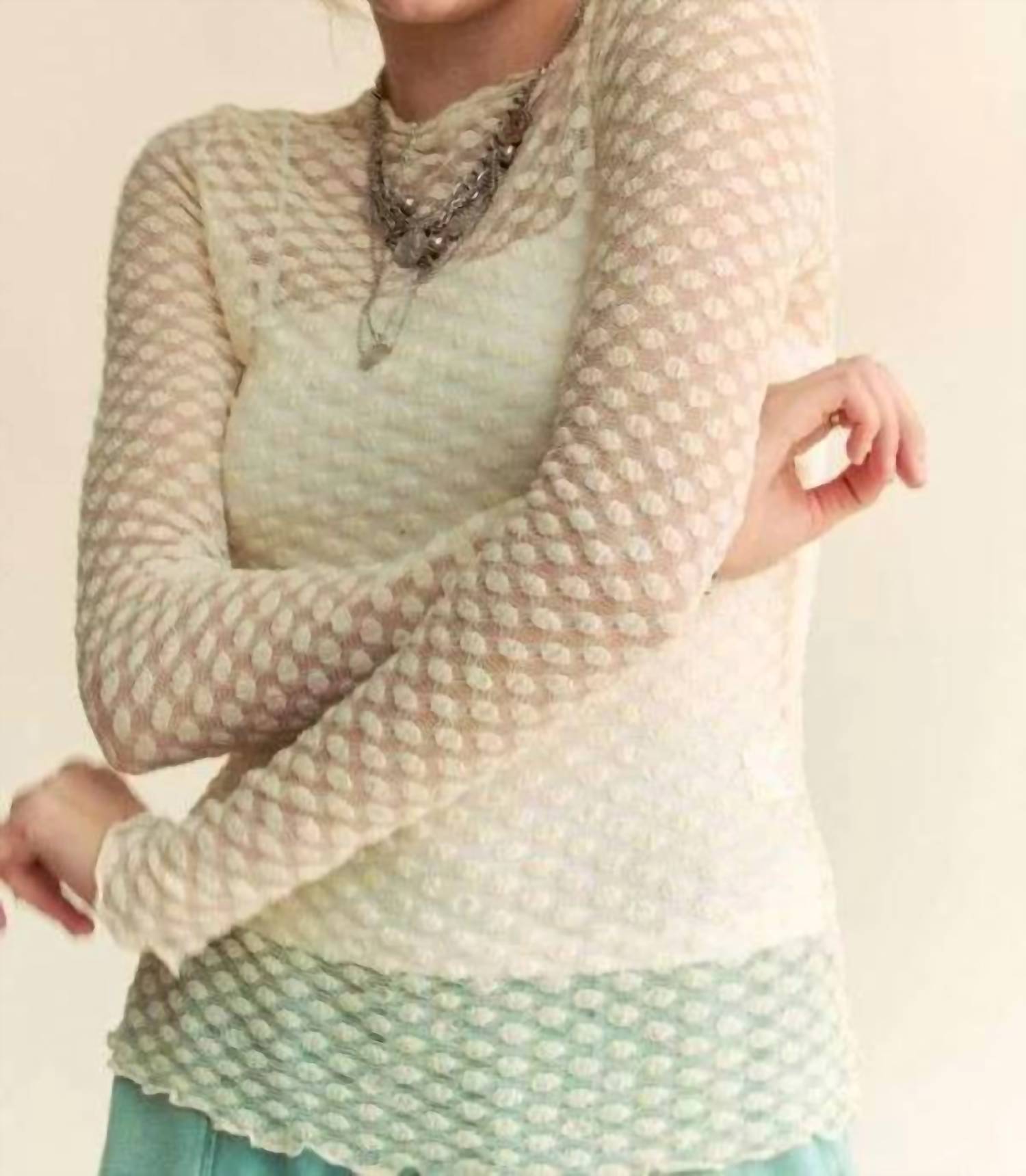 DAVI & DANI Delicate Dot Lace Mesh Layering Top in cream - women's long sleeve top - view 4