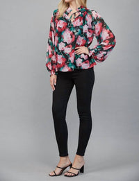 61 Jane - Women's Floral Keyhole Tie Neck Blouse