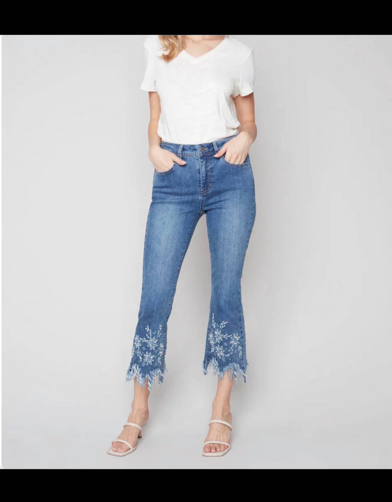 Charlie B - Feathered And Embroidered Bootcut Denim Pants