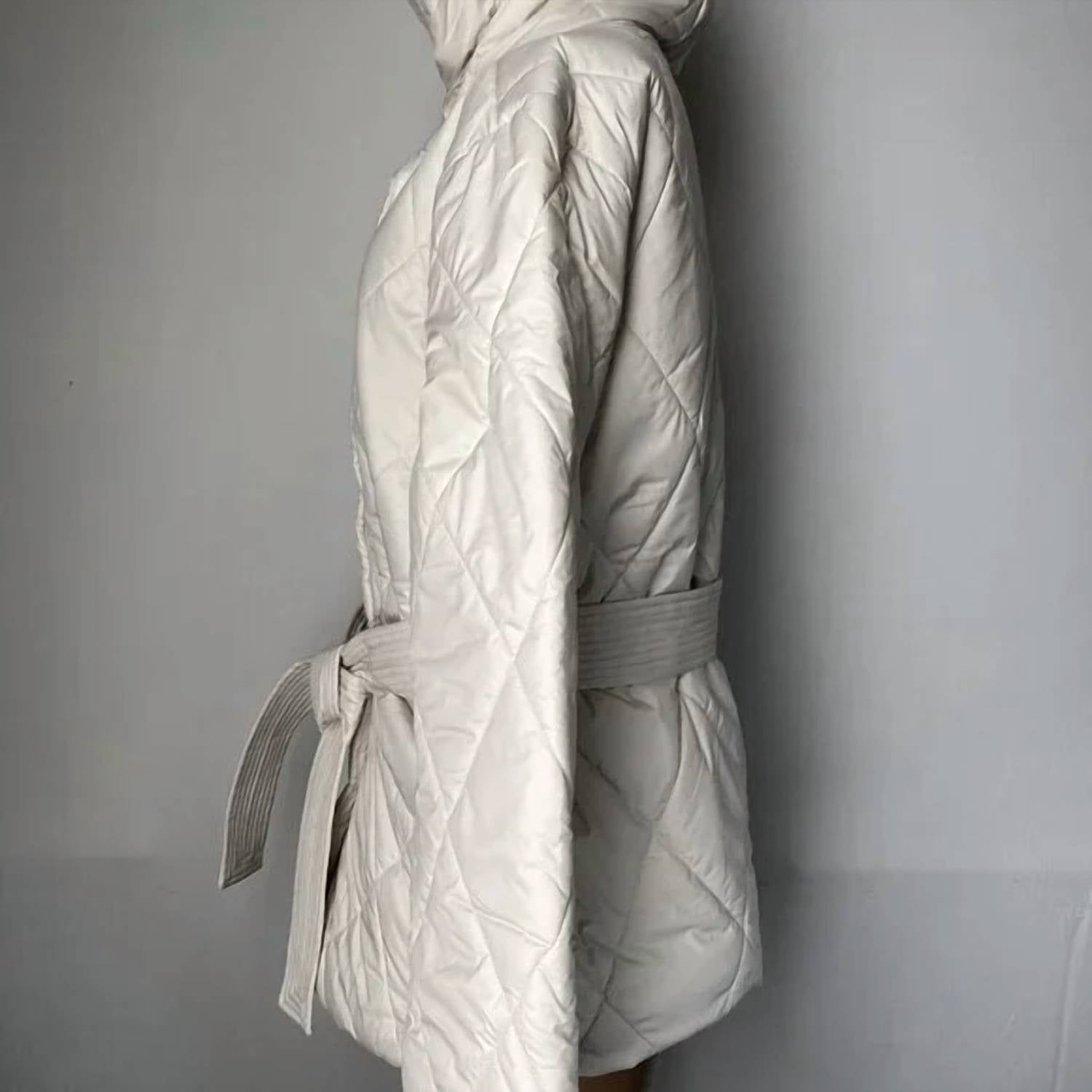 Lilla P Women’s Quilted Hooded Belted Puffer Coat in opal beige - women's jacket - alternate view
