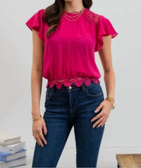 Mine - Solid Ruffle Sleeve Back Tie Lace Trim Top