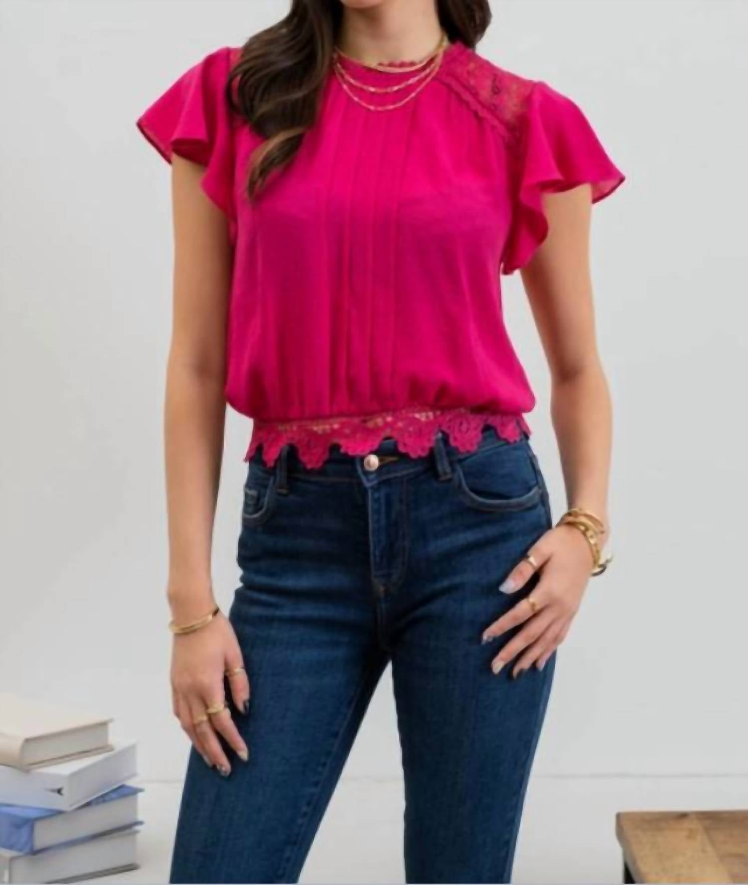 Mine - Solid Ruffle Sleeve Back Tie Lace Trim Top