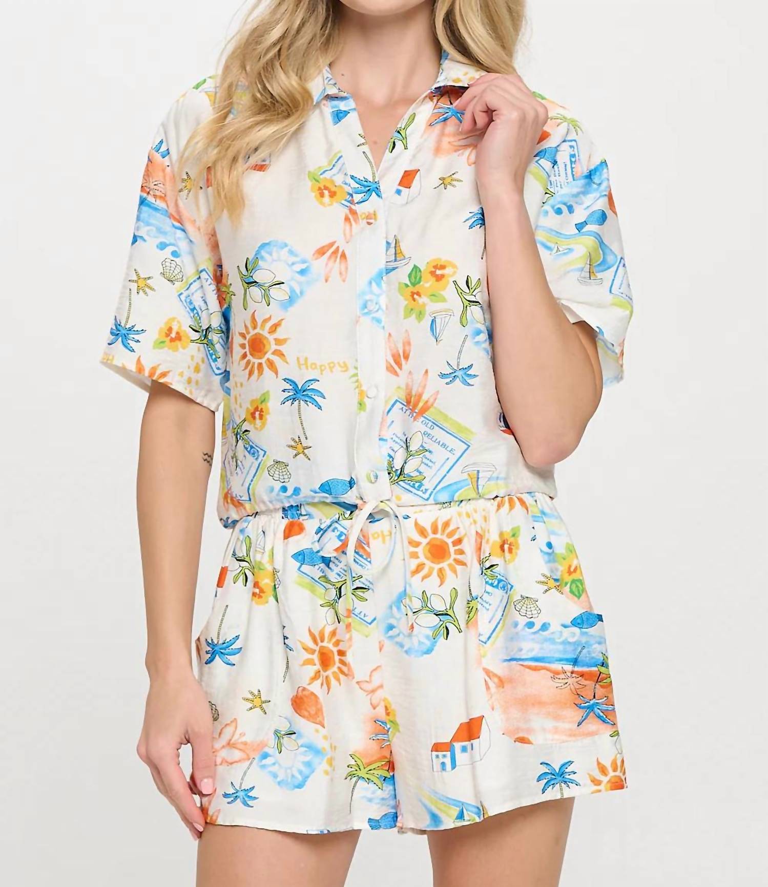 Meet Me in Santorini Mediterranean Daydream Shirt And Shorts Set in santorini mediterranean daydream shirt and shorts set in white multi - women's sleepwear