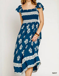 Umgee - Floral Block Print Ruffle Sleeve Midi Dress