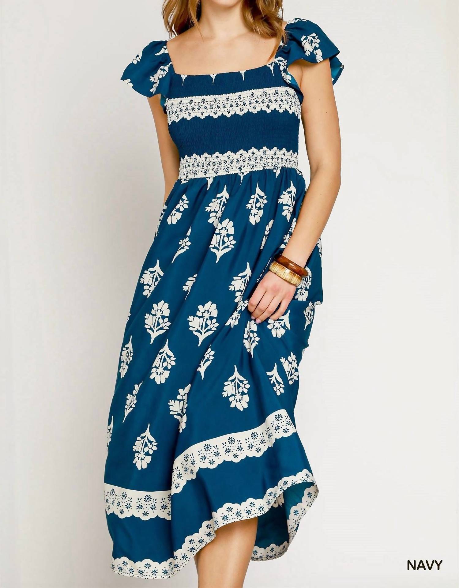 Umgee - Floral Block Print Ruffle Sleeve Midi Dress