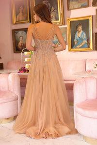 Ava Presley - Beaded V-neck Tulle Evening Gown