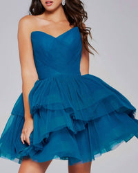 JOVANI Fit And Flare Strapless Dress in peacock - women's dress - detail view