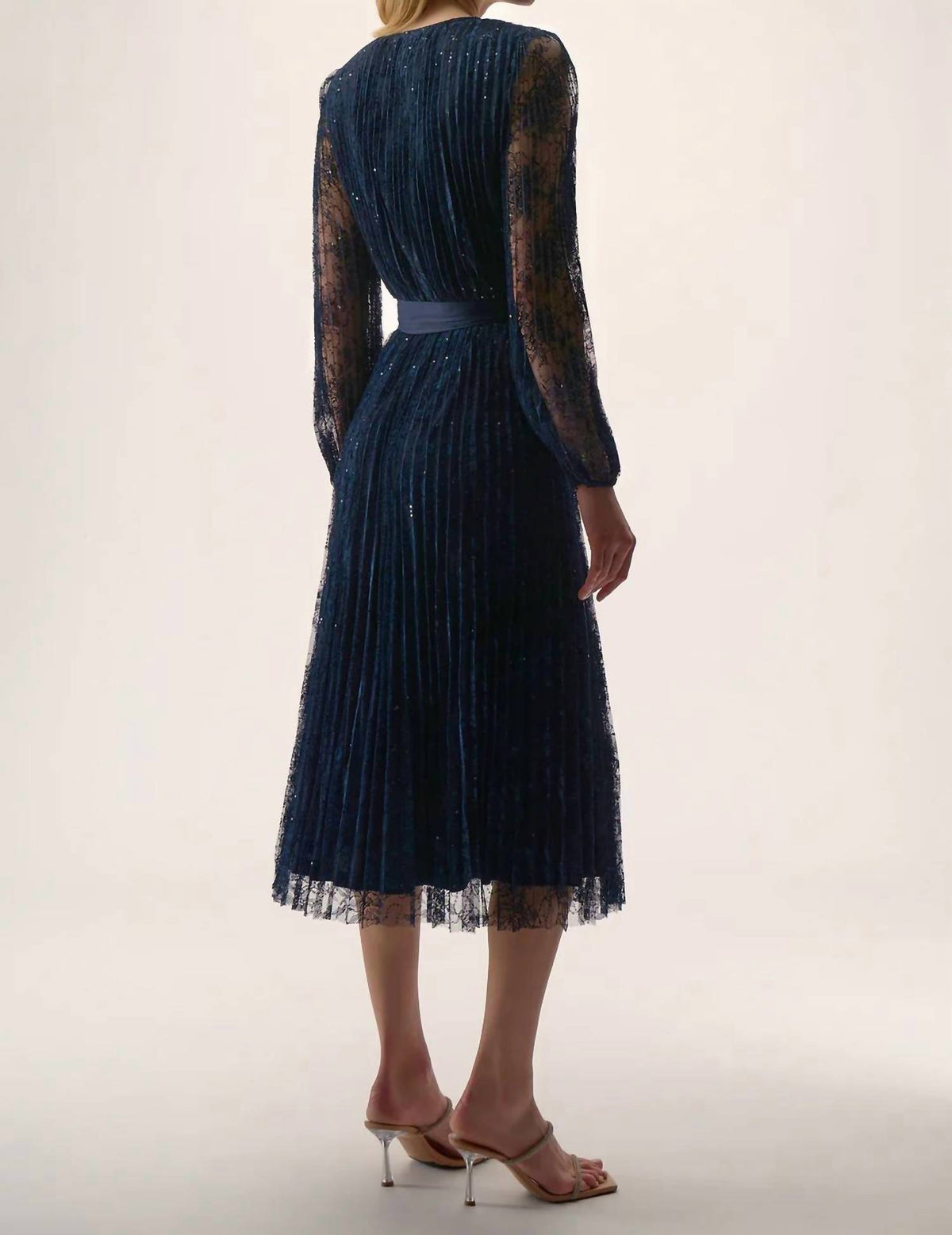Joseph Ribkoff - Sequined Belted Long Lace Sleeve Fit & Flare Dress