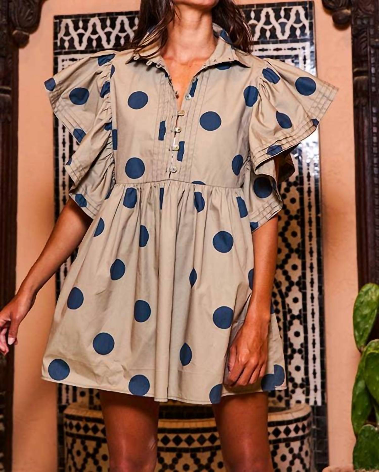 Bucketlist - Ruffle Sleeve Pintuck Detail Polka Dot Mini Dress