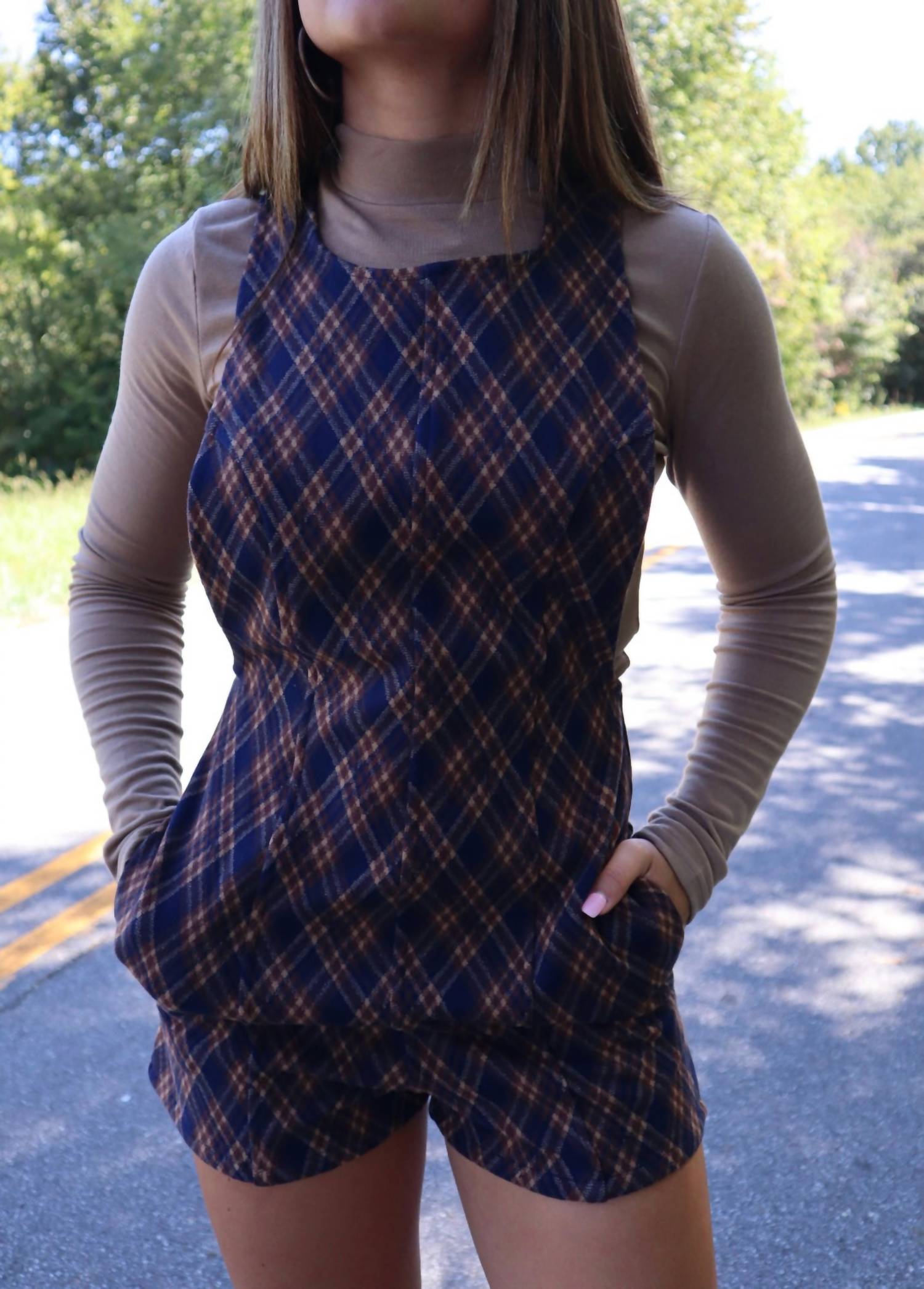 SAGE THE LABEL Merle Plaid Romper in navy blue auburn cream - women's pants - alternate view