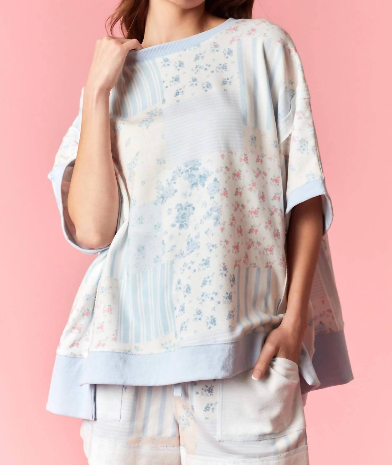 Peach Love - Stripe Floral Patchwork Top
