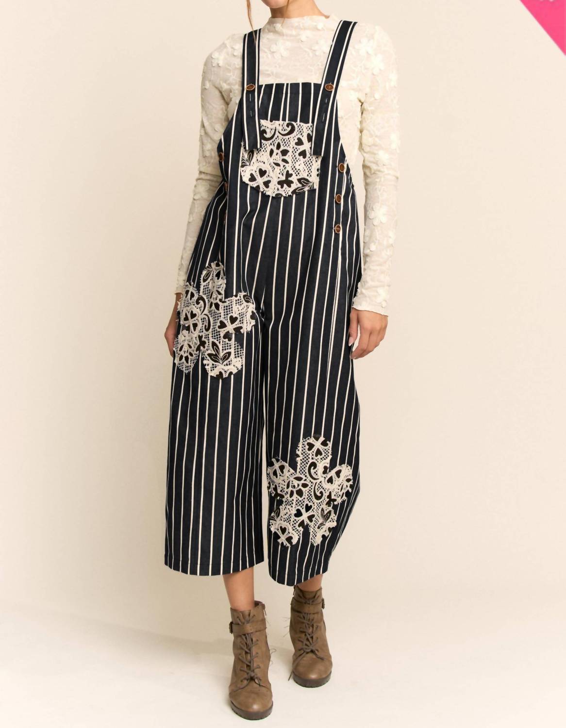 Davi & Dani - Stripe Crochet Pocket Loose Fit Overall - Plus