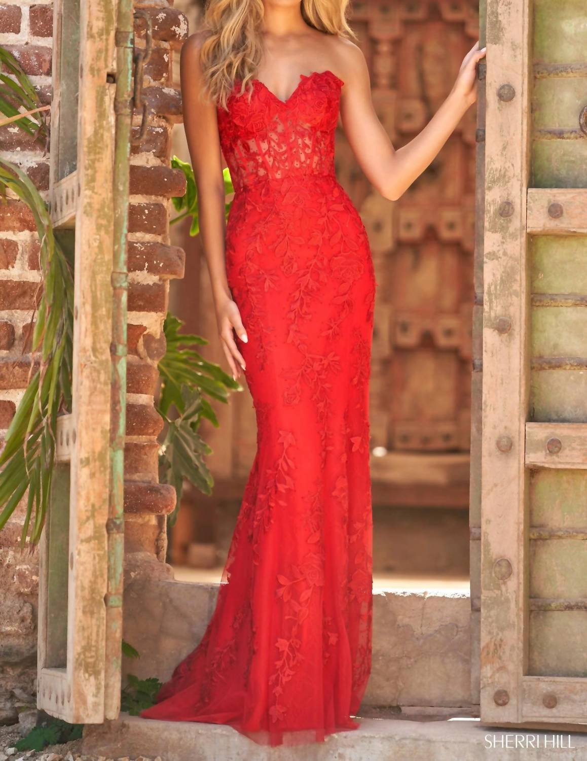 Sherri Hill Leaf Lace Embroidered Prom Dress - women's dress