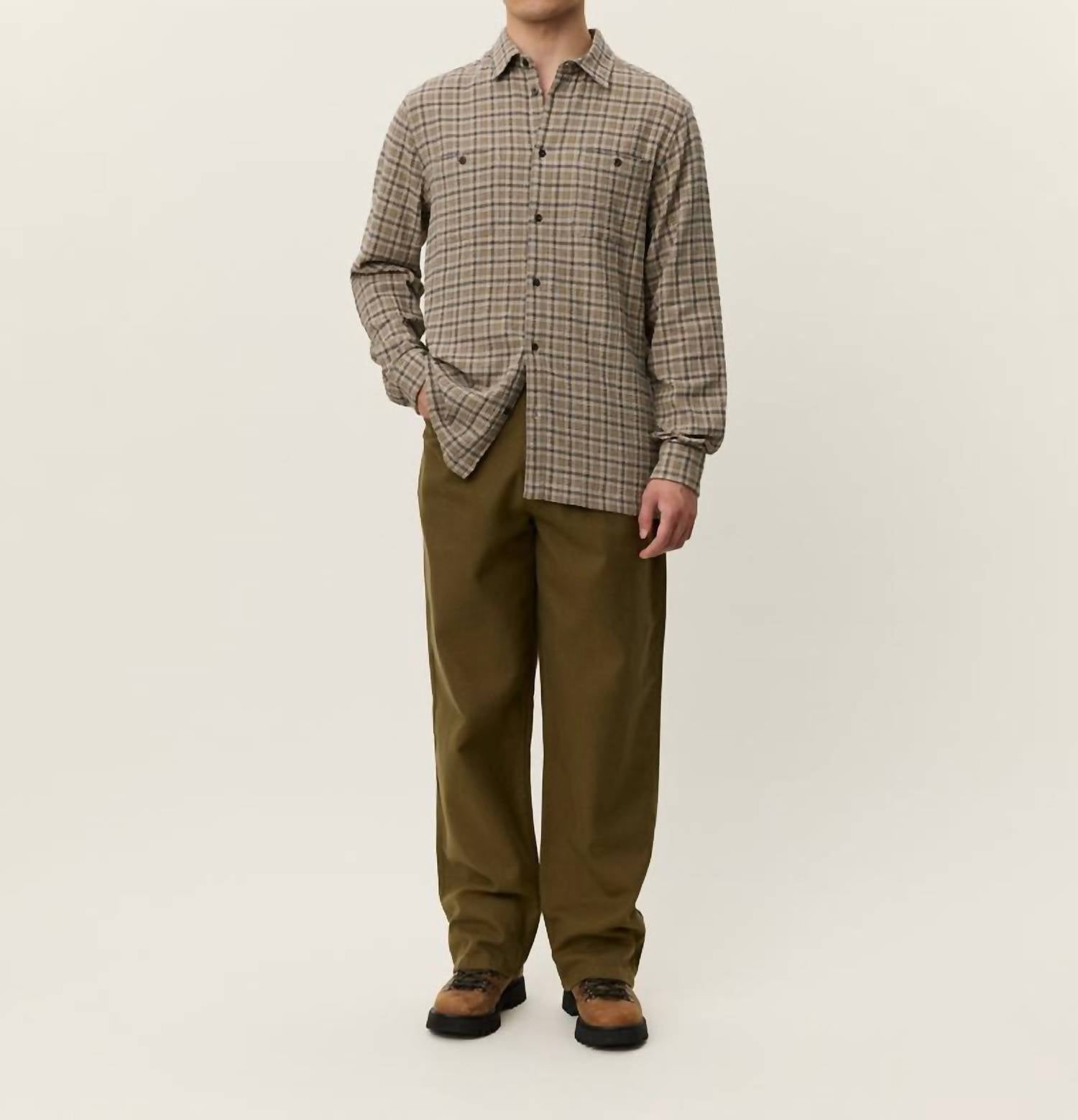 Les Deux John Check Long Sleeve Shirt in dark sand - men's shirt