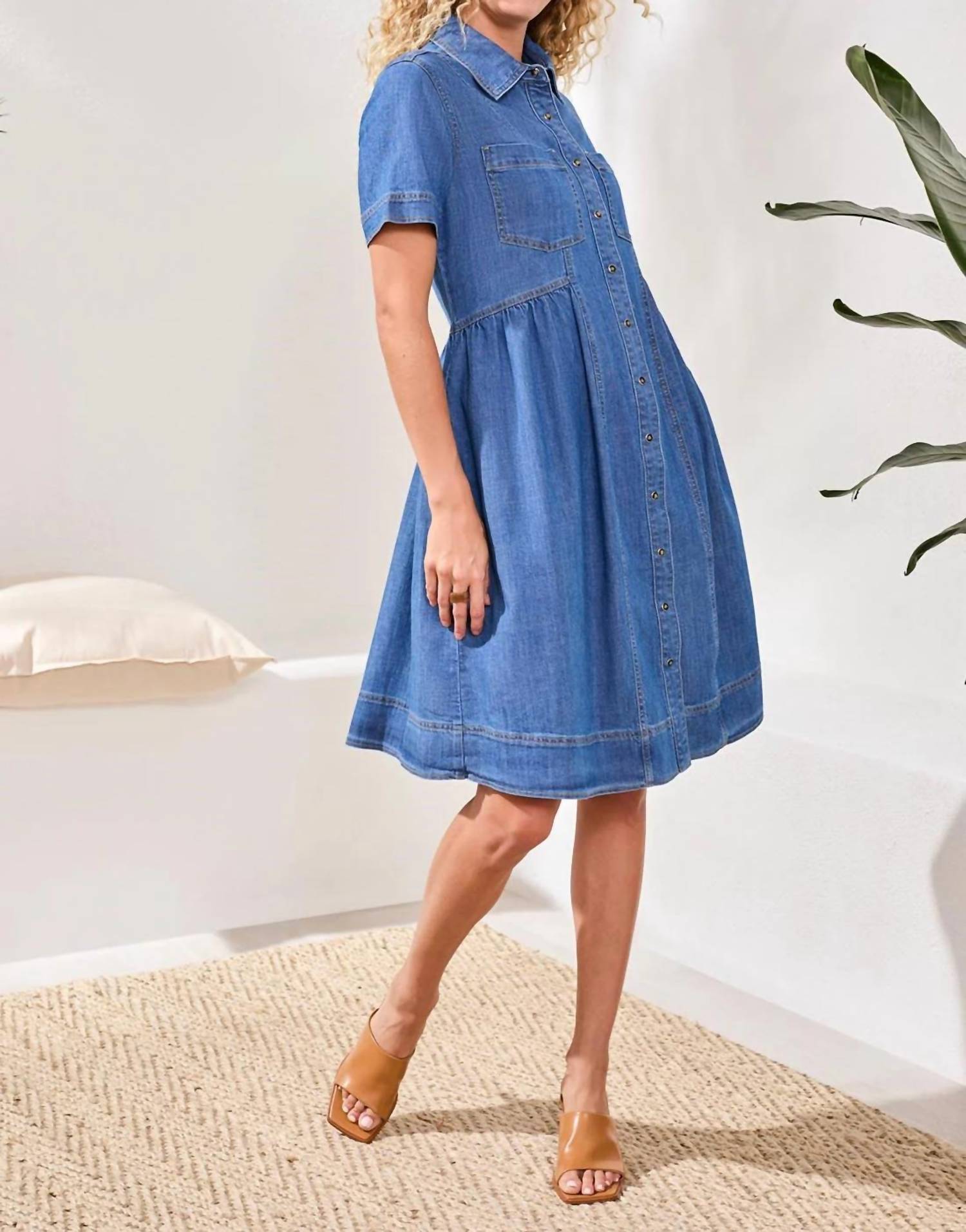 Tribal - Button Down Flowy Midi Denim Dress With Pockets