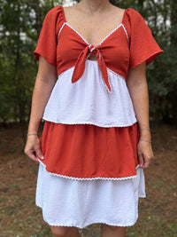 Timing Rust & Ruffles Dress in red white - women's dress