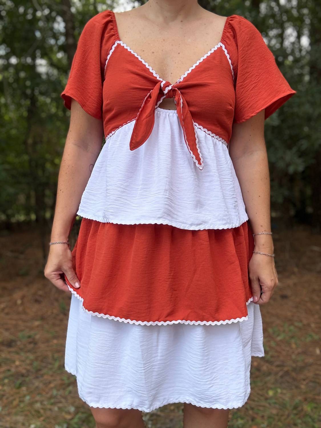 Timing Rust & Ruffles Dress in red white - women's dress