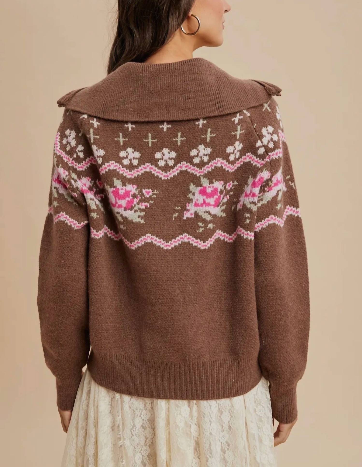 Knit & Lounge - Half-zip Sweater With Floral Fair Isle Pattern