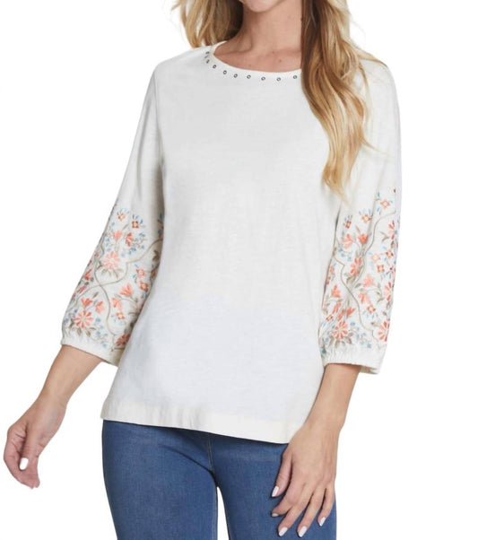 Multiples - 3/4 Embroidered Slub Knit Top