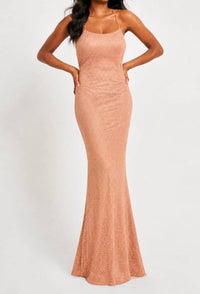 FAVIANA Crystal Embellished Mesh Long Dress With Lace-up Back in rose gold - women's dress