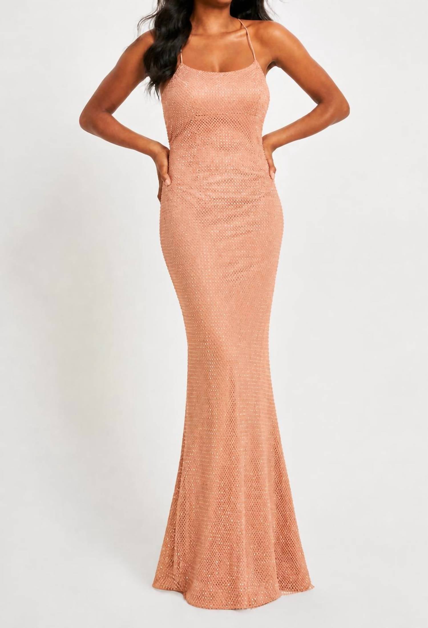 FAVIANA Crystal Embellished Mesh Long Dress With Lace-up Back in rose gold - women's dress