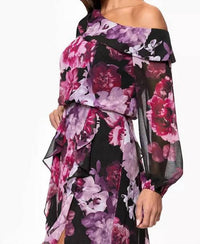 Xscape - Printed Asymmetrical Long-sleeve Maxi Dress