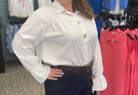 Rosa Clothing - Flower Metal Charm Button Up Loose Blouse