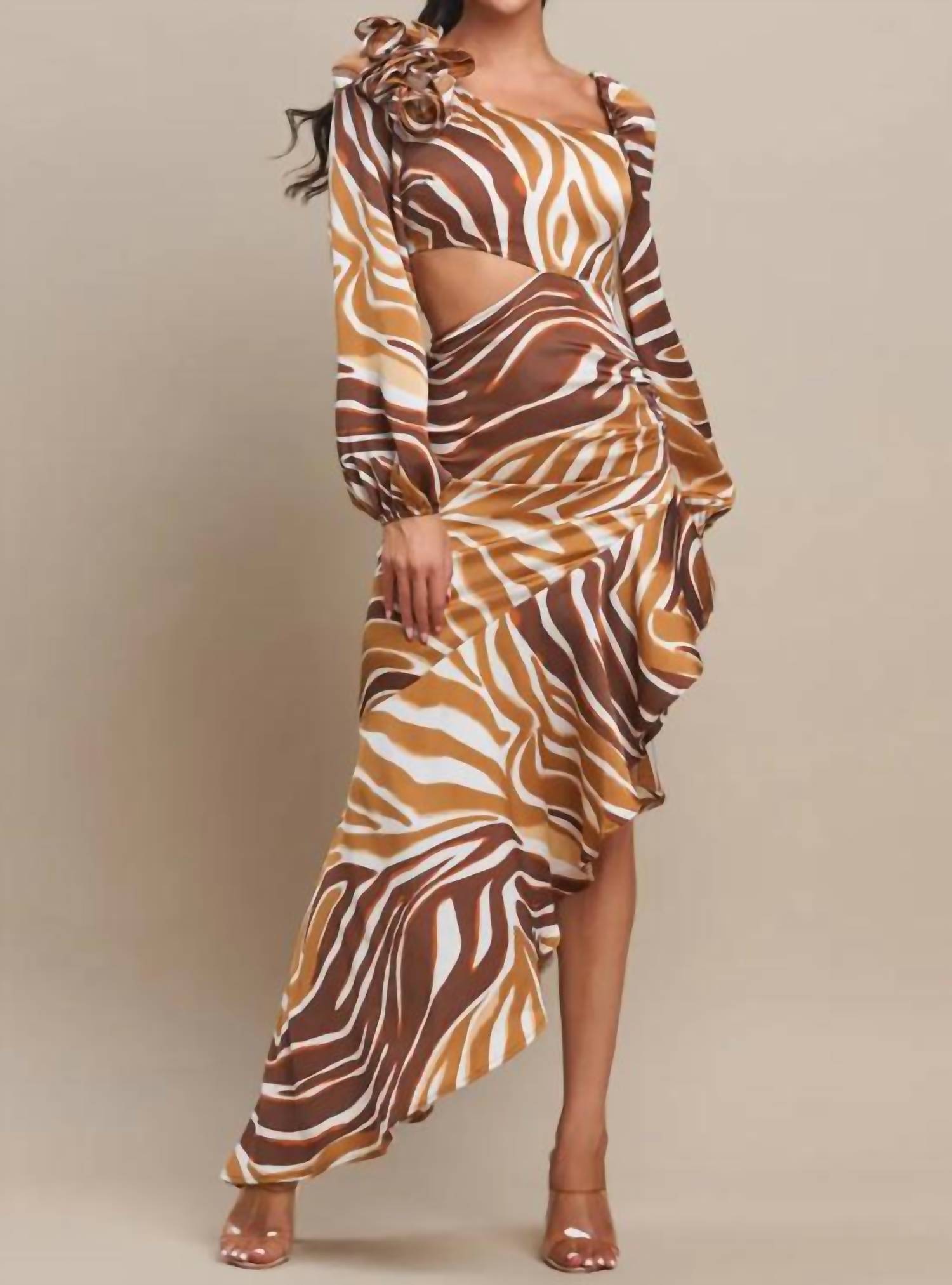 The Sang - Long Sleeve Diagonal Ruffle Maxi Dress