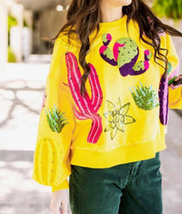 QUEEN OF SPARKLES Cactus Sweatshirt in yellow - women's top - detail view