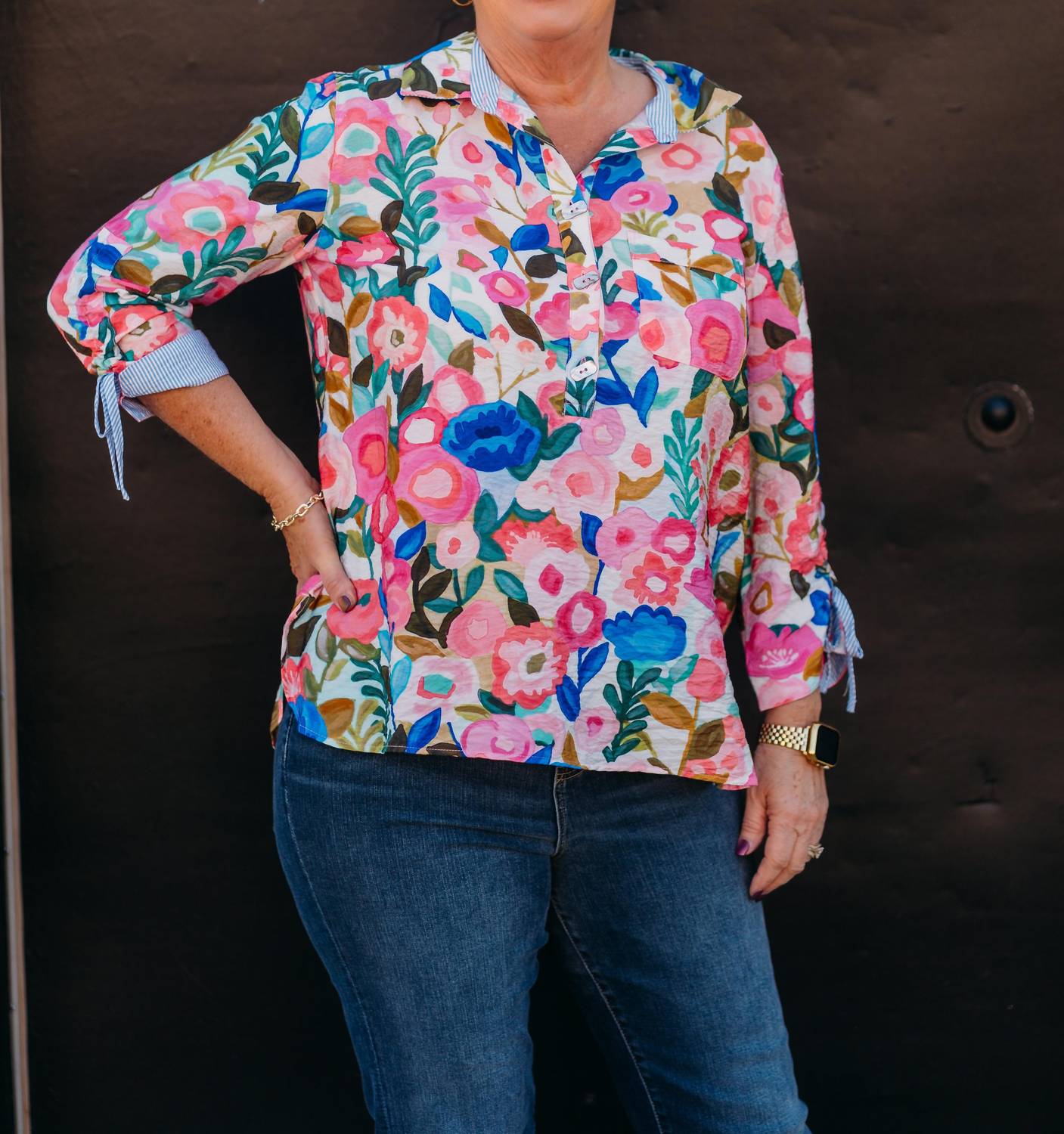John Mark - Floral Print Button Front Patch & Roll Tab Sleeve