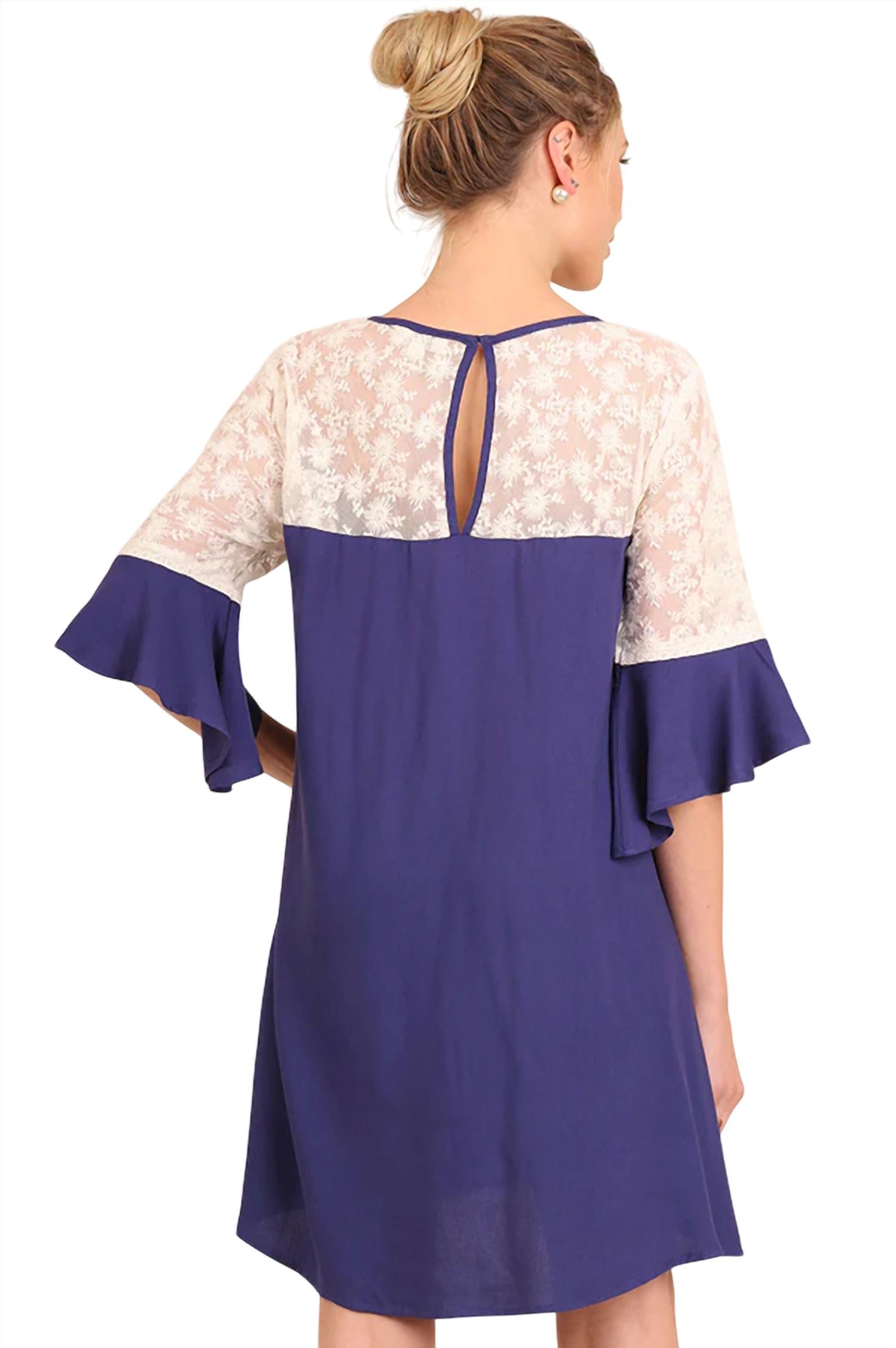 Umgee - Lace and Keyhole Bell Sleeve Dress