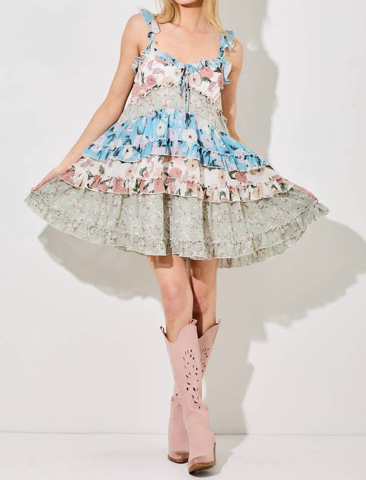 Baevely by Wellmade Floral Tiered Mini Dress in cream multi - women's dress