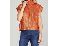 She + Sky - Metallic Foil Short Sleeve Sweater Top