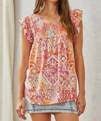 Savannah Jane - Babydoll Print Top with Floral Embroidery