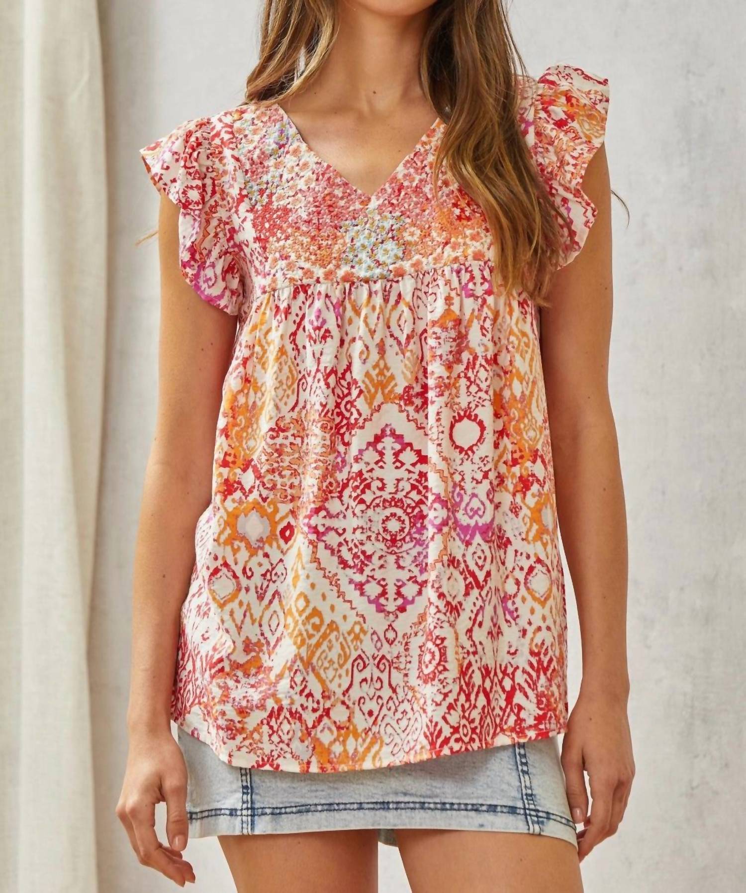 Savannah Jane - Babydoll Print Top with Floral Embroidery