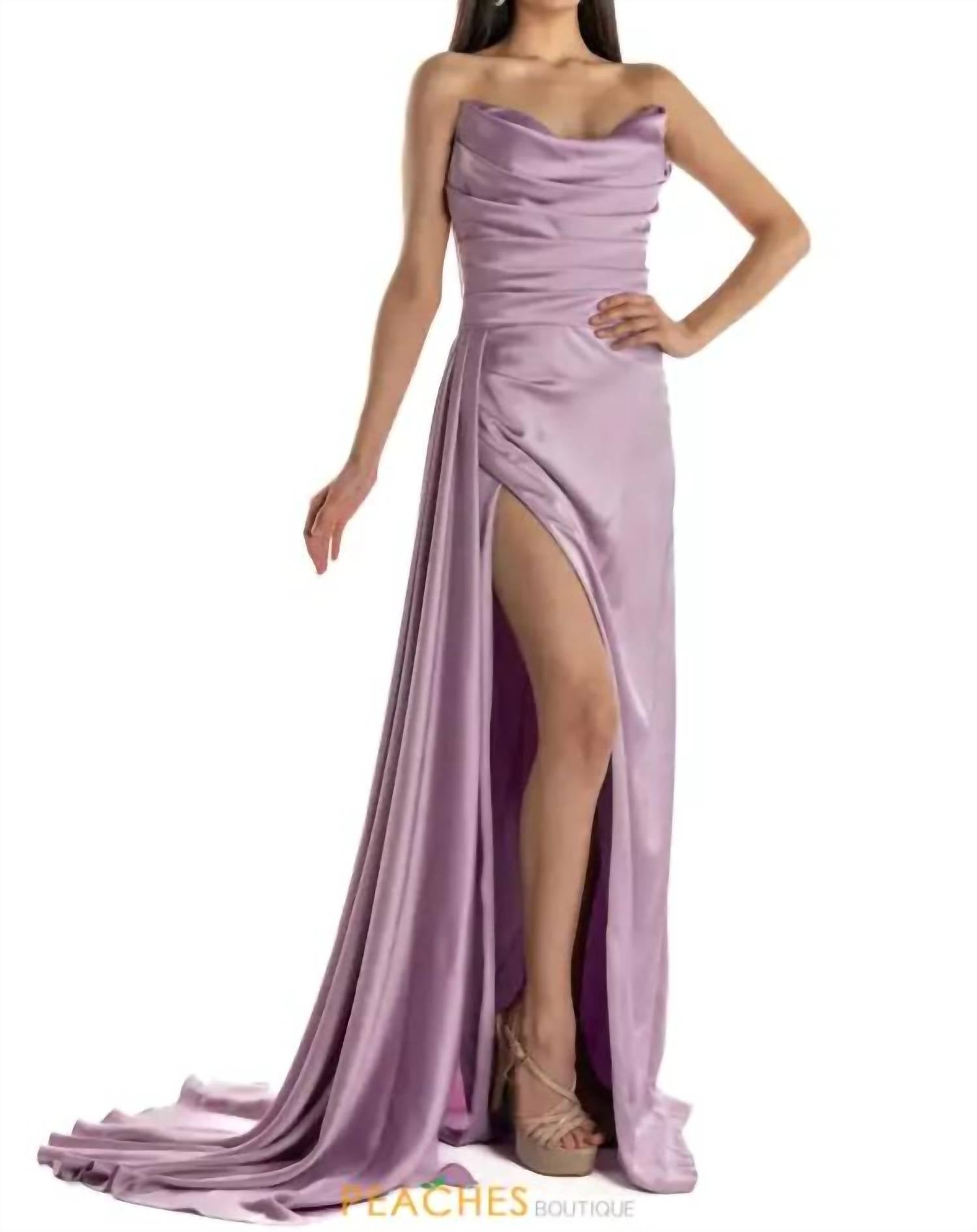 Tarik Ediz - Strapless Draped Cowl Satin High Slit Gown