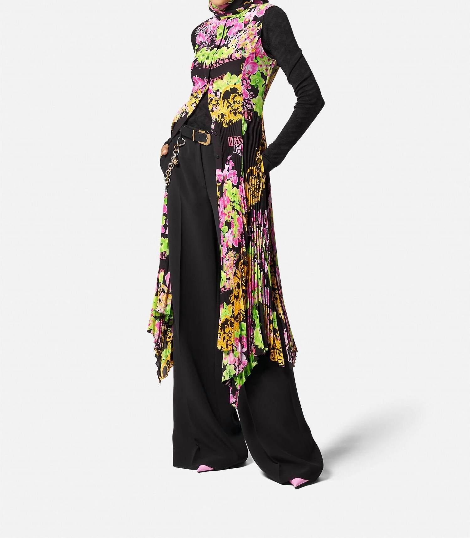 Versace - Floral Printed Asymmetric Pleated Dress