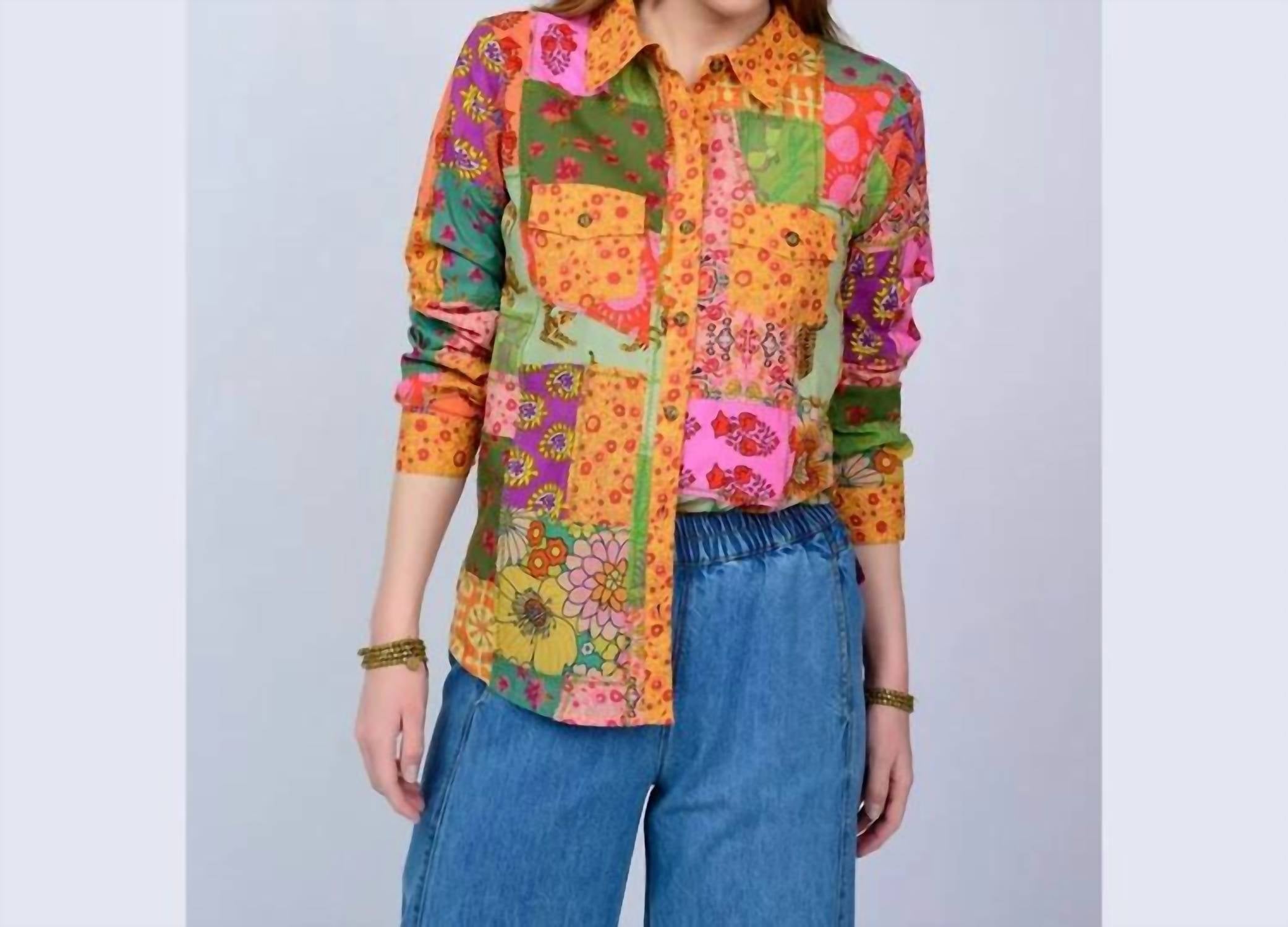 Ivy Jane Delilah Patchwork Camp Shirt in multi - women's long sleeve top - alternate view