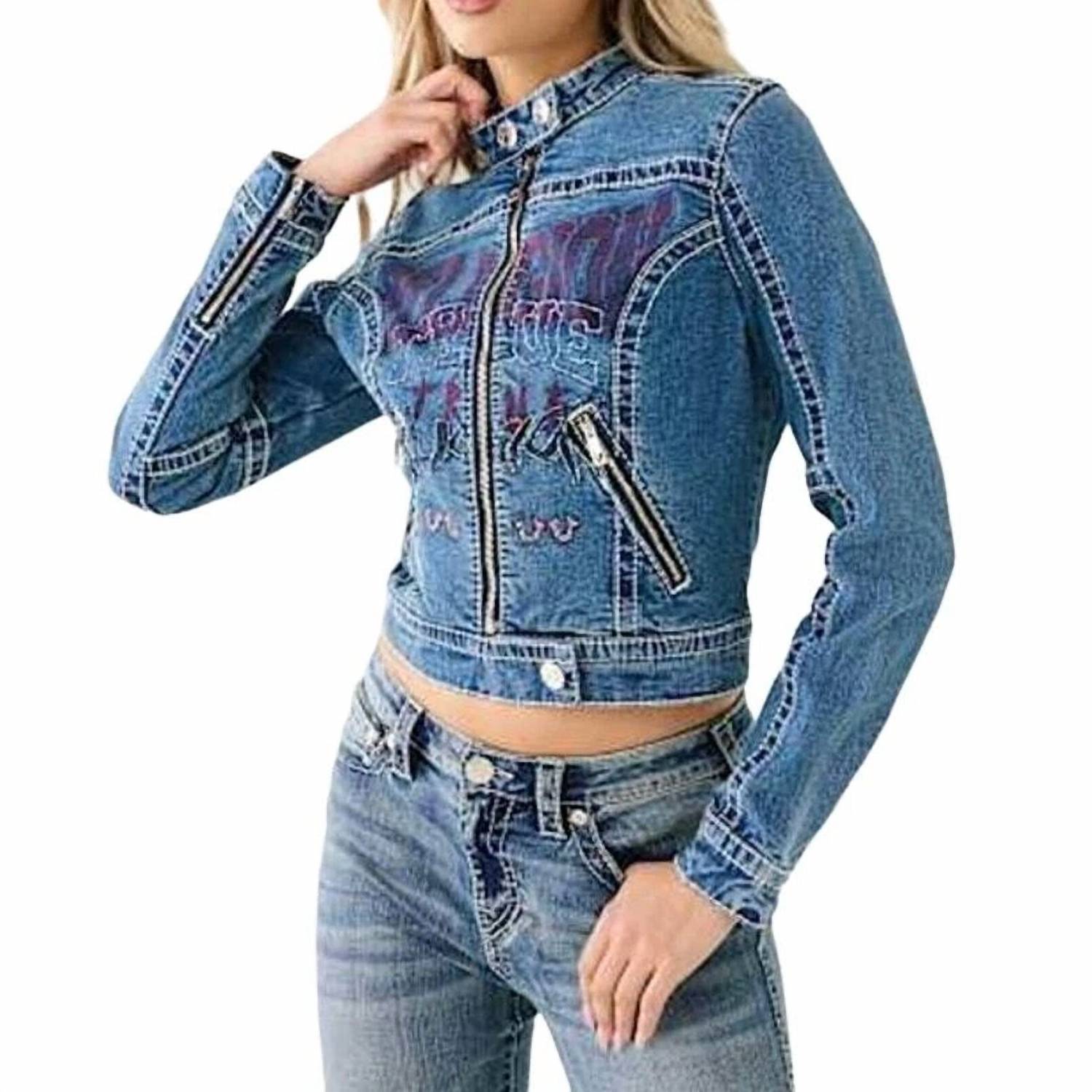 True Religion - Denim Shrunken Moto Jacket