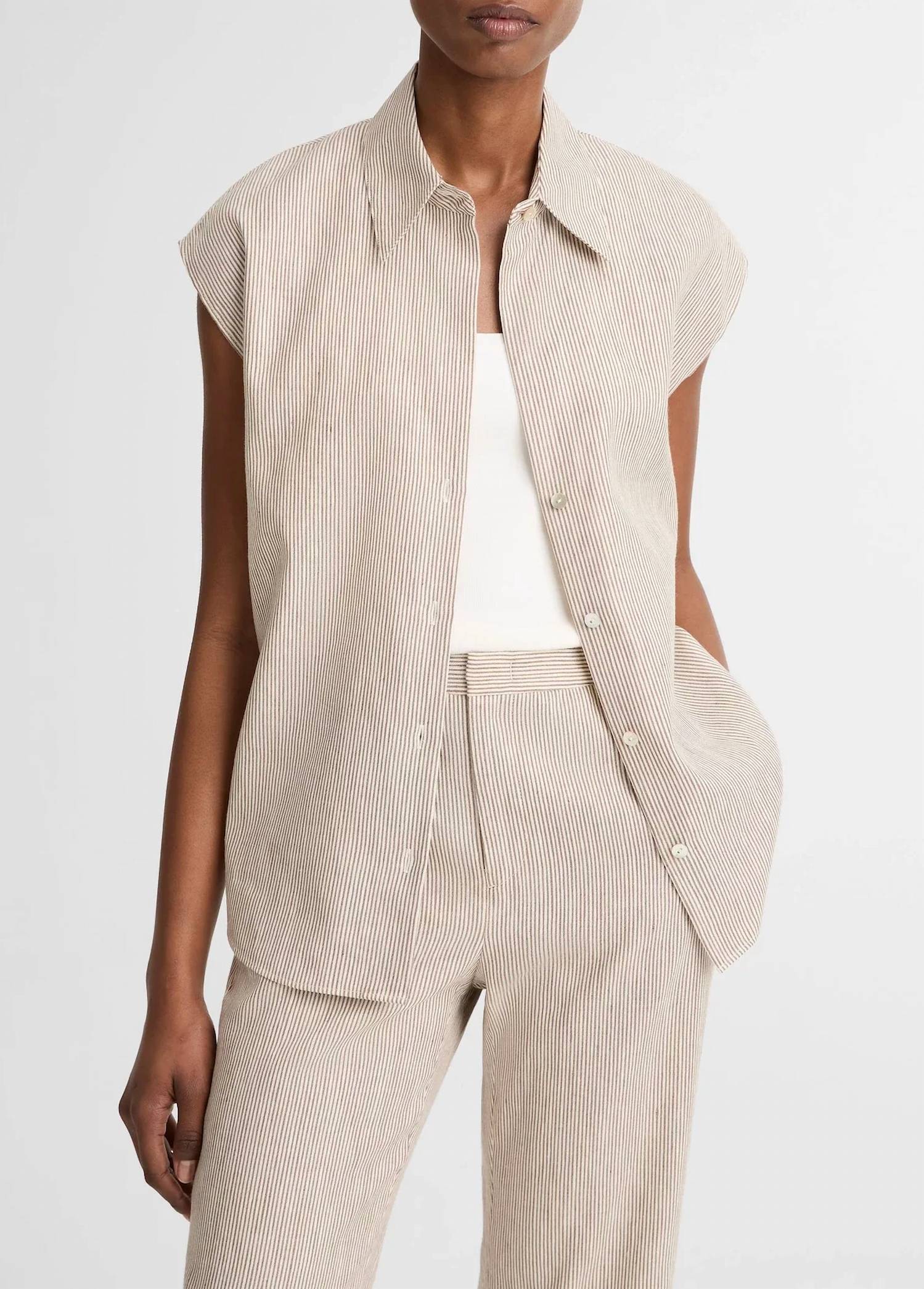 Vince - Ticking Stripe Linen-cotton Cap-sleeve Blouse
