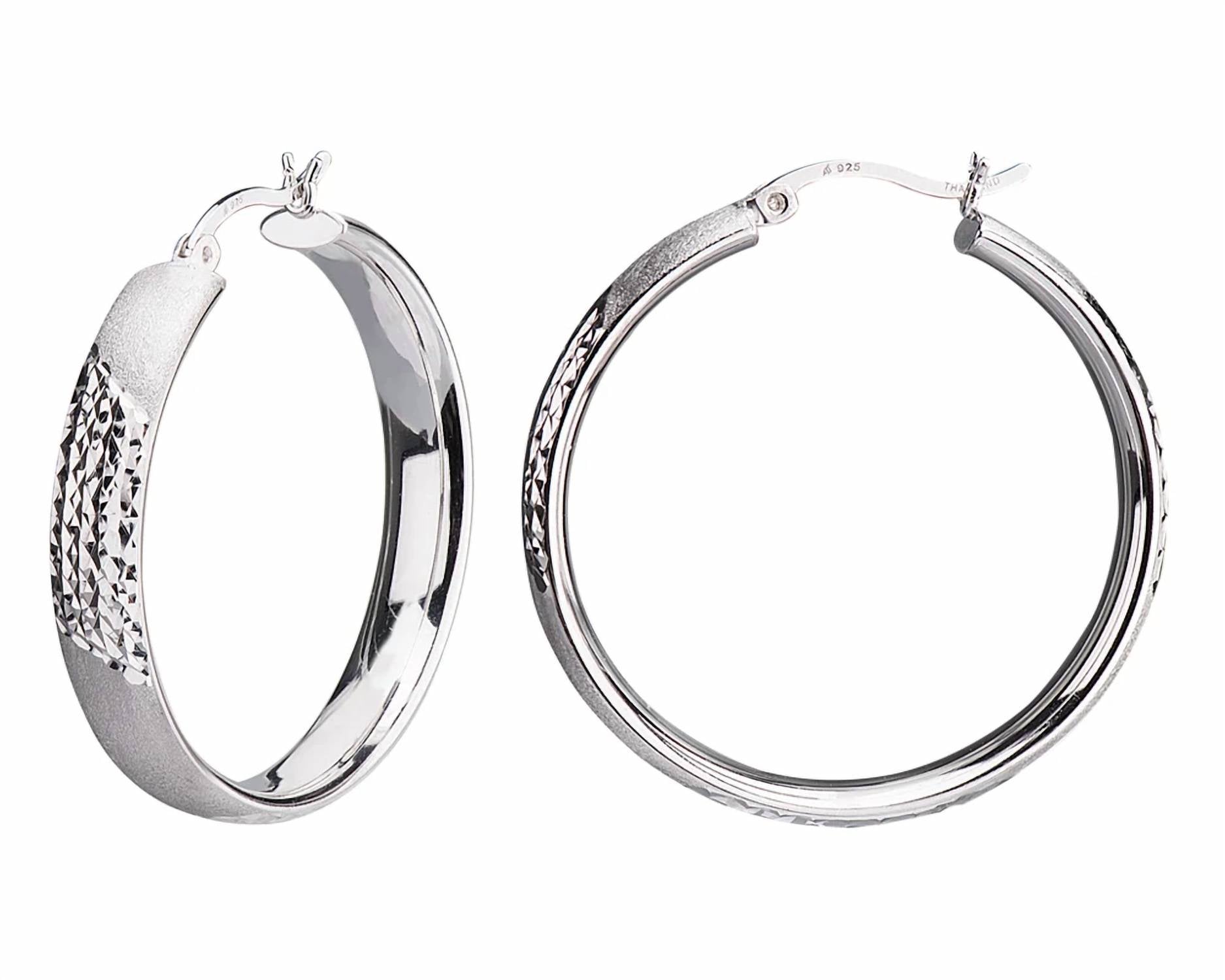 Gold & Honey - Women's Sterling Silver 35mm Click-top Hoop Earrings With Diamond Cut Stripe And Satin Finish