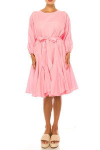 Vivid - Long Sleeve Belted Godet Skirt Flared Dress