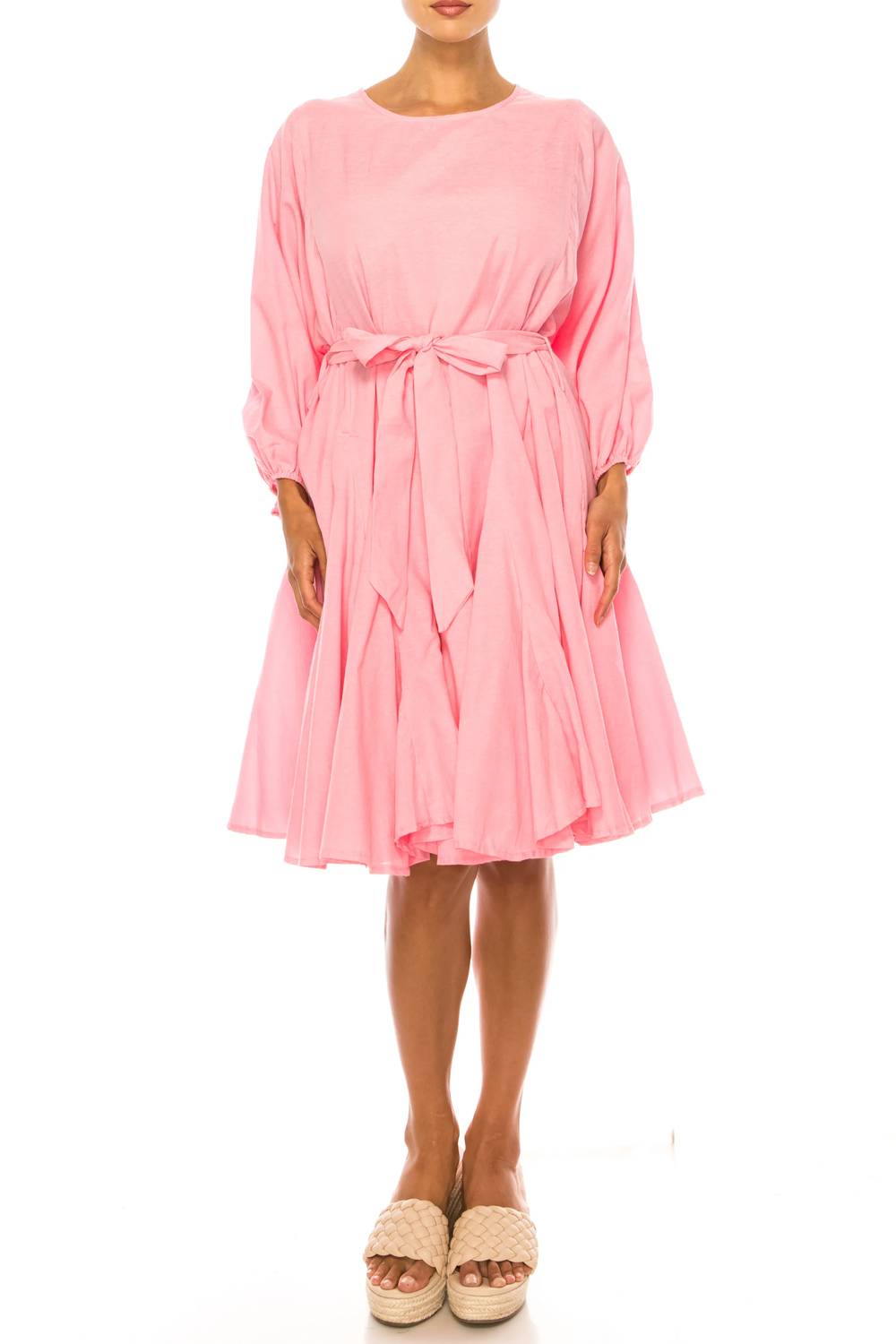 Vivid - Long Sleeve Belted Godet Skirt Flared Dress