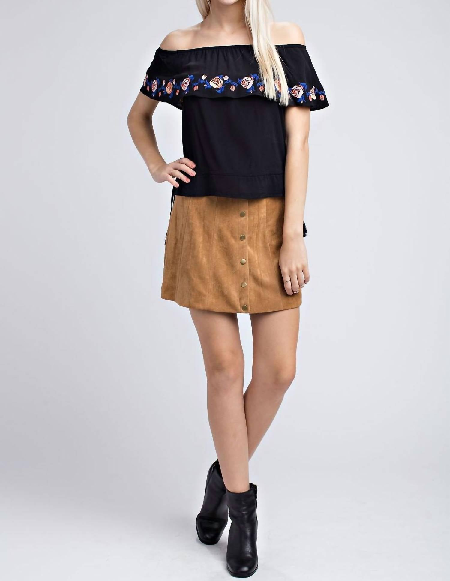 Honey Punch - Strapless Embroidered Ruffle Top