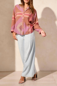 Tribal - Flowy Dolman Sleeve Blouse With Self-covering Buttons