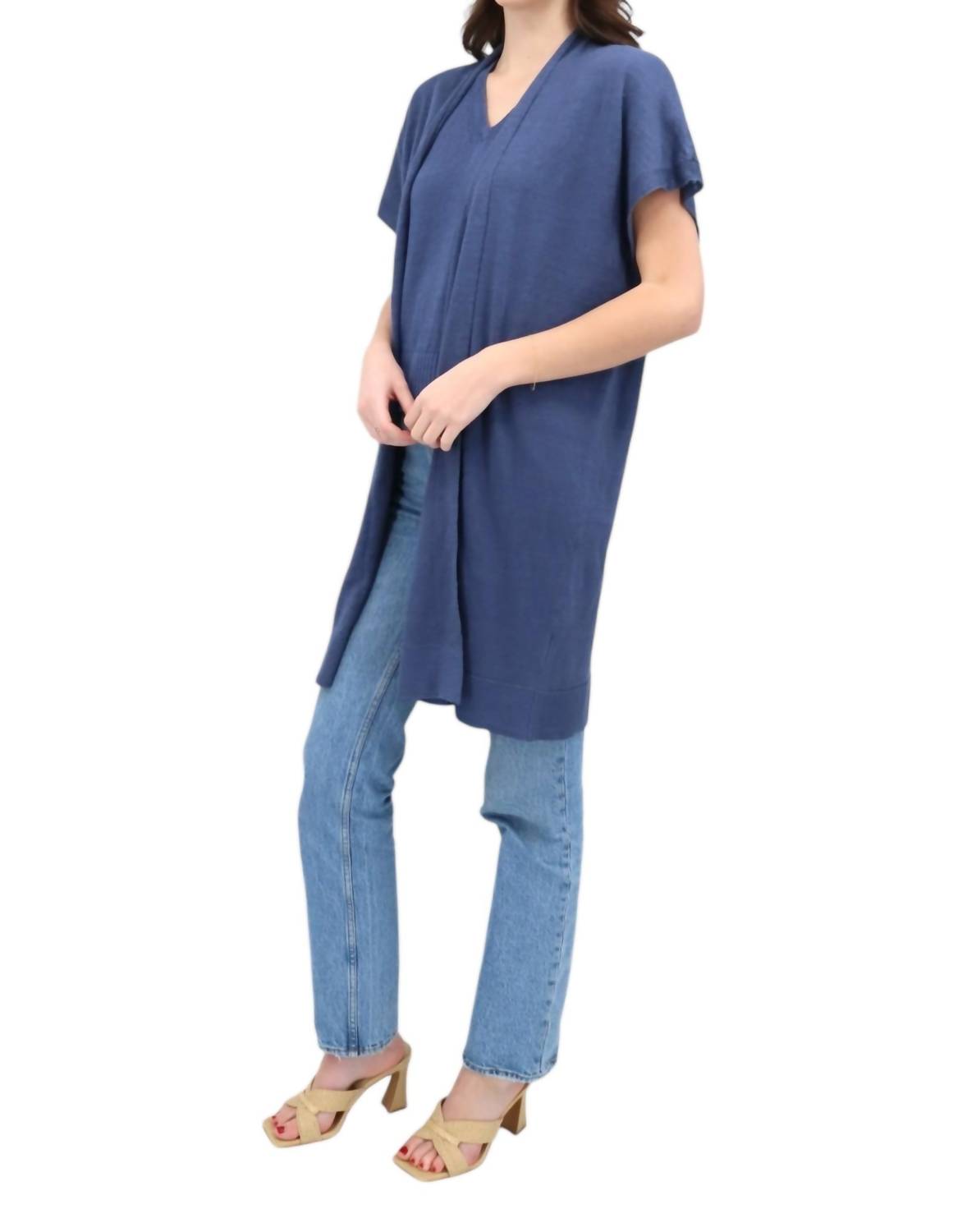Kinross Long Sleeveless Cardigan in indigo - women's cardigan - detail view