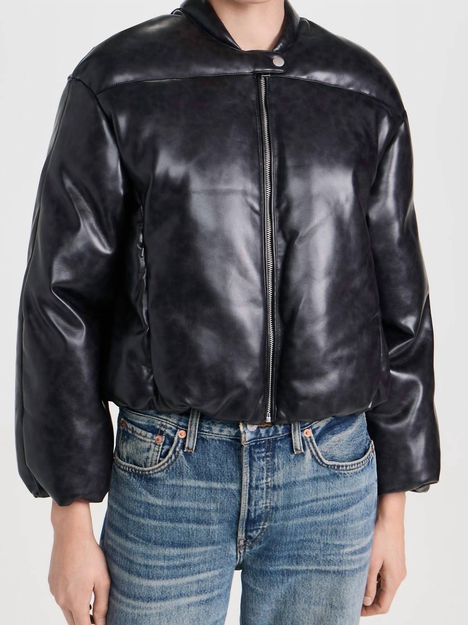 APPARIS Pre-loved Gigi Vegan Leather Bomber Jacket in black - women's jacket - detail view