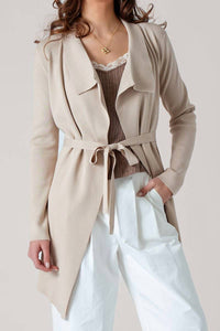 Urban Daizy Draped Front Long Sleeve Waist Tie Cardigan in taupe - women's cardigan - alternate view